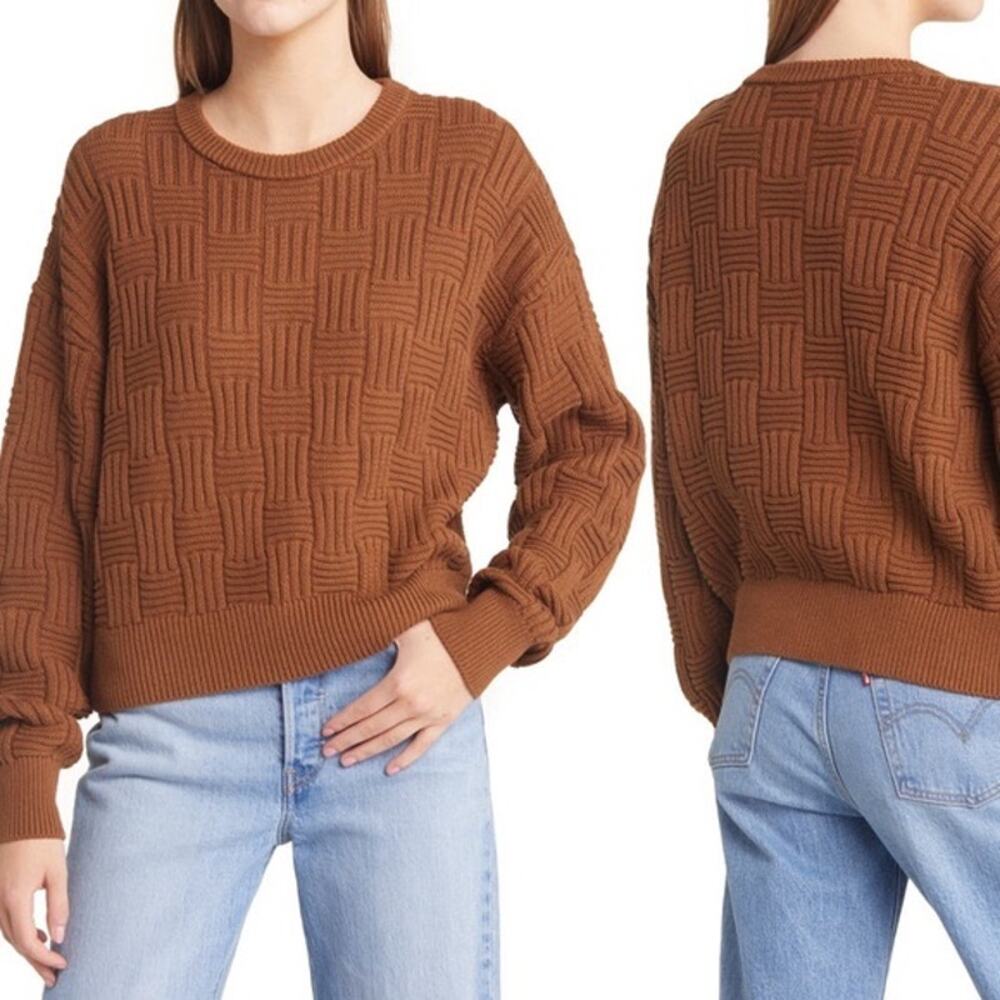 Reformation Winnie Brown Basketweave Organic Cotton Crewneck Sweater Size XL - Picture 1 of 10